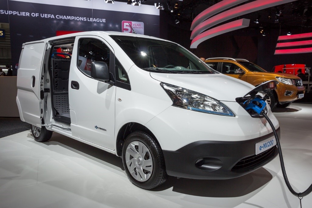 Electric Nissan e-NV200 van on display at the International Motor Show for Commercial Vehicles.